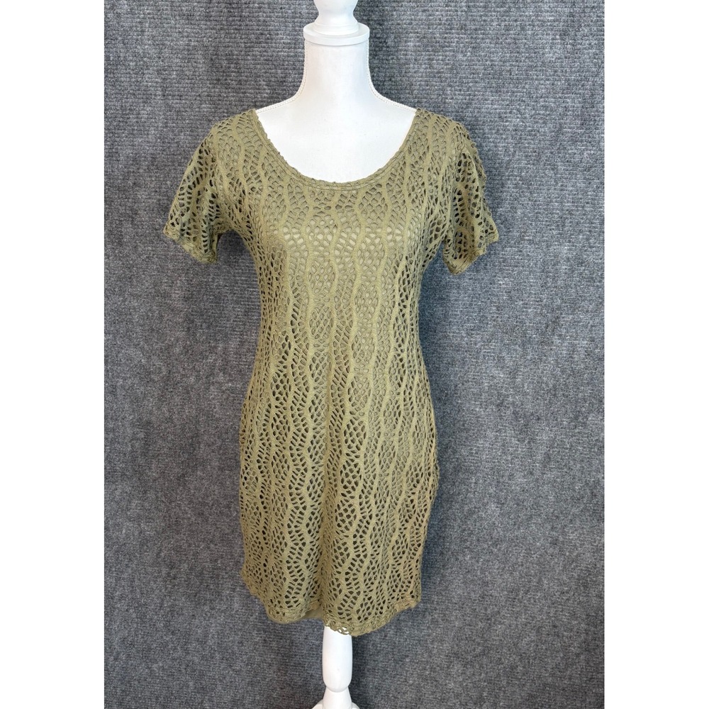 VTG Top Style Women Crochet Knit Mini Dress Olive Green Short Sleeve Lined Large